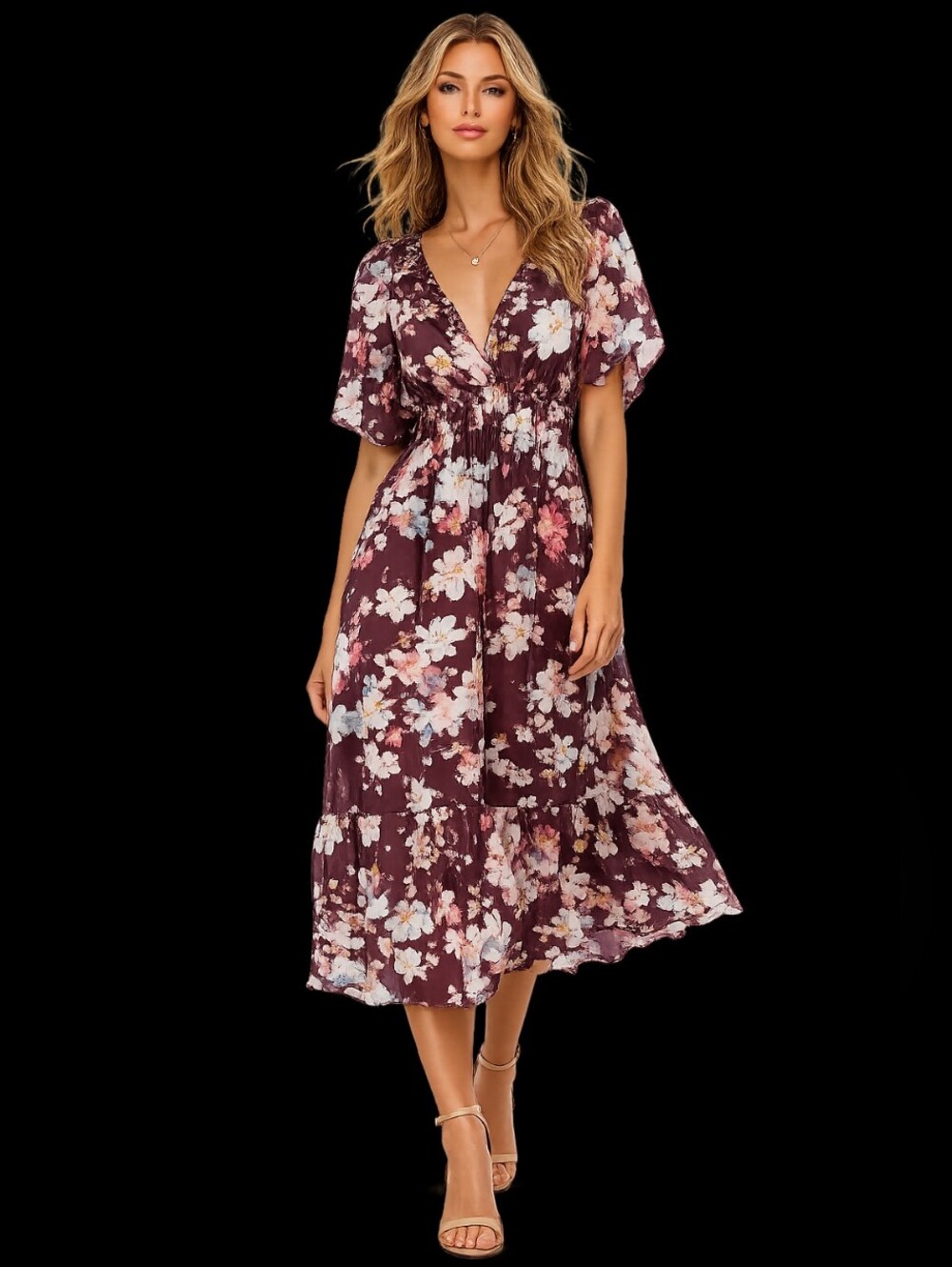 Love Stitch Floral Midi Dress Size S Boho Romantic Ruffle Sleeve